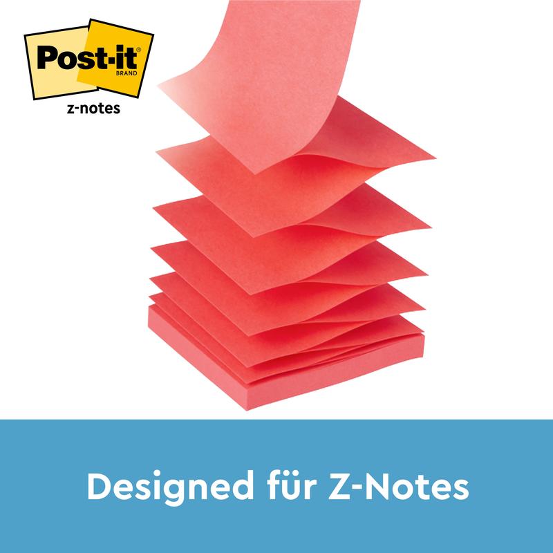 A stack of yellow Post-it® Super Sticky Z-Notes (76 x 76 mm, 90 sheets), depicted in a PRO black dispenser from 3M Deutschland GmbH. The Post-it® logo appears in the top left, and "Designed for Z-Notes" is written at the bottom on a blue background.
