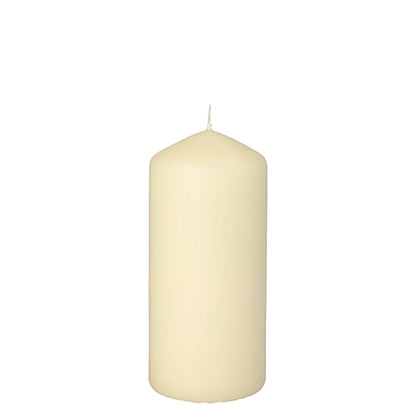 Against a white background, a Starpak pillar candle with extra long burning time (Ø 60 mm, 130 mm) in ivory with a flat bottom, rounded tip, and unlit wick is depicted.