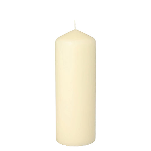 A tall, cylindrical Starpak pillar candle with extra long burning time (Ø 60 mm, 165 mm, white) with visible wick stands upright on a simple white background and offers a long-lasting atmosphere.