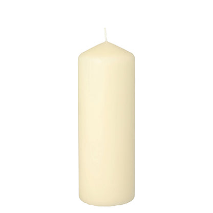 A tall, cylindrical Starpak pillar candle with extra long burning time (Ø 60 mm, 165 mm, white) with visible wick stands upright on a simple white background and offers a long-lasting atmosphere.
