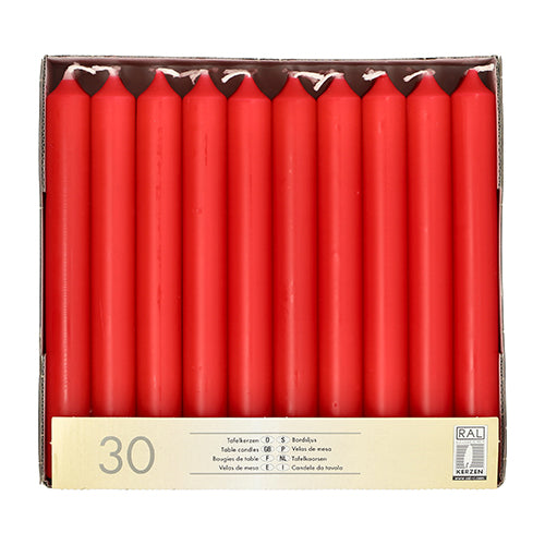 A box of 30 Starpak table candles (Ø 2.1 cm, 19.6 cm) contains red candles arranged in two rows and a cream-colored label with "30" and multilingual text – ideal for an elegant table decoration.