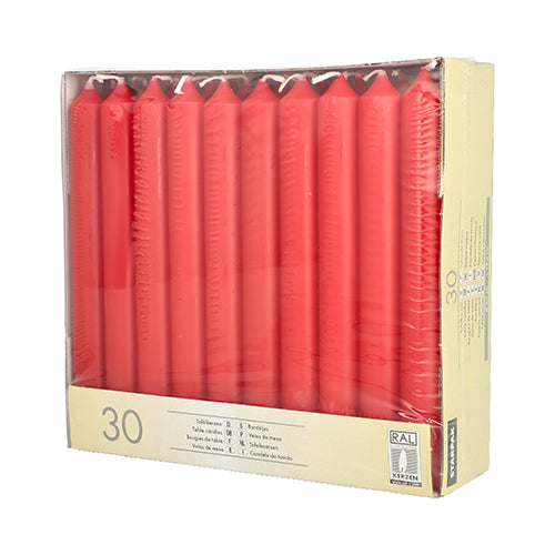 A box of 30 red Starpak table candles (Ø 2.1 cm · 19.6 cm), neatly arranged in a clear plastic packaging with beige and white accents – ideal for table decoration.