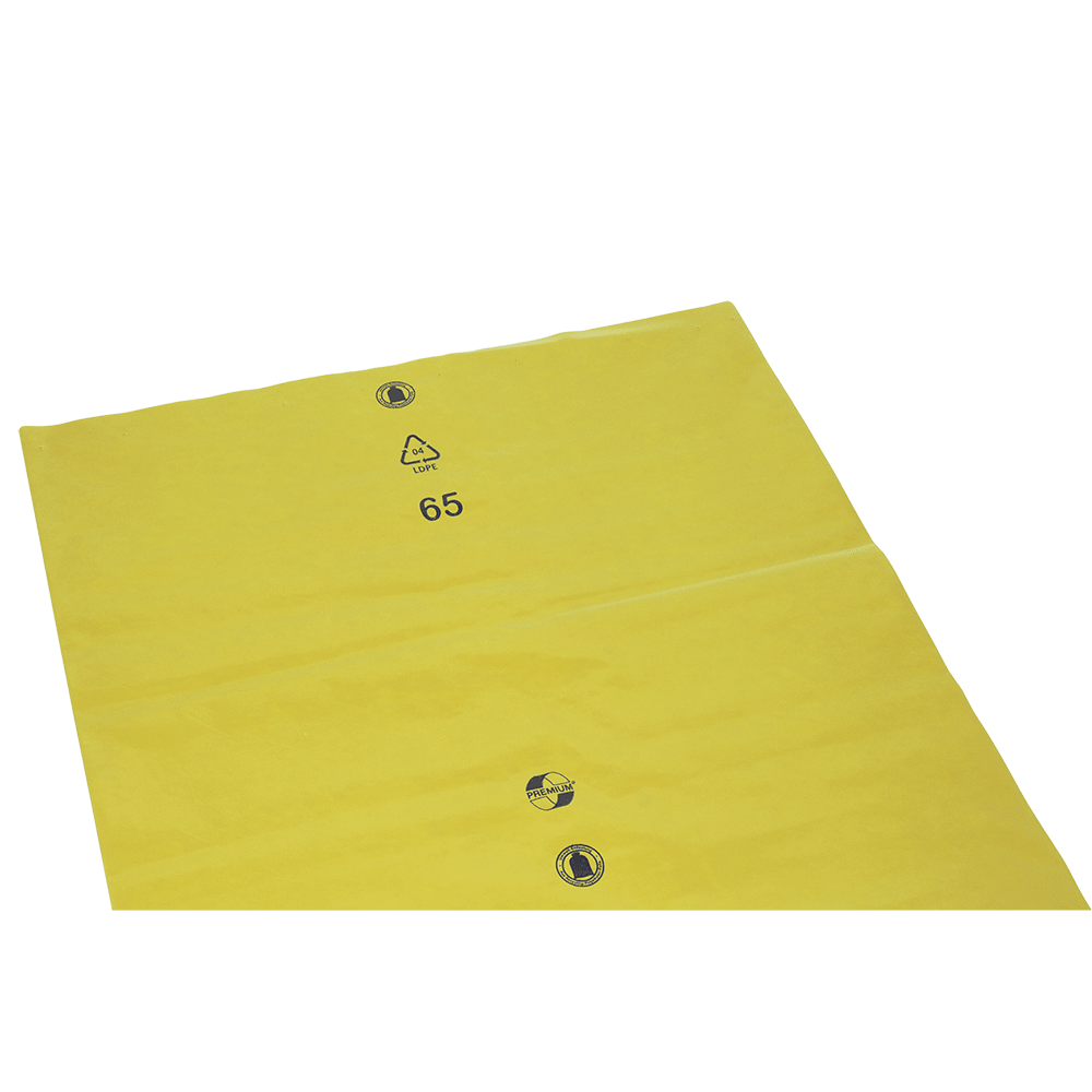 The DEISS trash bags loose 575x1000x0.01 mm from LDPE 70 l by EMIL DEISS KG (GmbH + Co.) are flat yellow LDPE plastic bags with a recycling symbol, the number 65, and two black symbols on a white background.