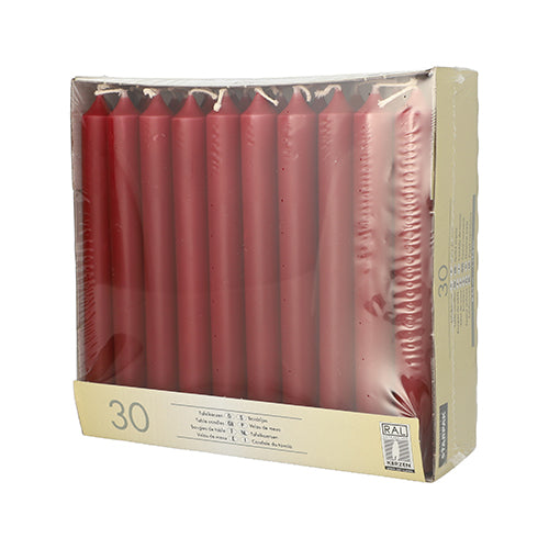The 30 Starpak table candles (Ø 2.1 cm, 19.6 cm) are delivered upright in a clear plastic box with beige side and bottom labels with candle information and a certification logo – ideal from Starpak for elegant table decoration.