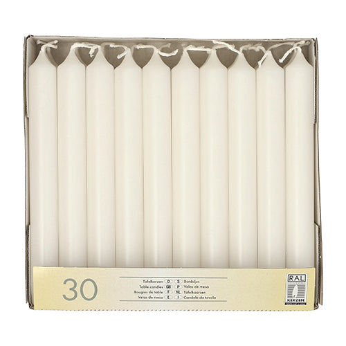 The Starpak 30 table candles Ø 2.1 cm · 19.6 cm are high-quality wax table candles, upright in three rows in a cardboard box with a label marked "30" and symbols for safety and quality – ideal for festive table decoration.
