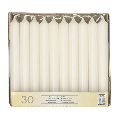 The Starpak 30 table candles Ø 2.1 cm · 19.6 cm are high-quality wax table candles, upright in three rows in a cardboard box with a label marked "30" and symbols for safety and quality – ideal for festive table decoration.