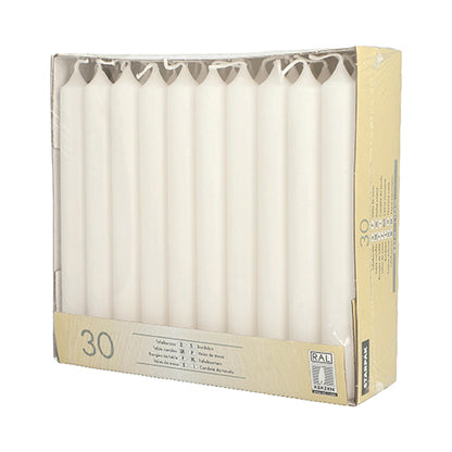 A box of 30 Starpak table candles (Ø 2.1 cm, 19.6 cm) made of high-quality wax, vertically in transparent plastic packaging with beige-white labeling – ideal for festive table decoration.
