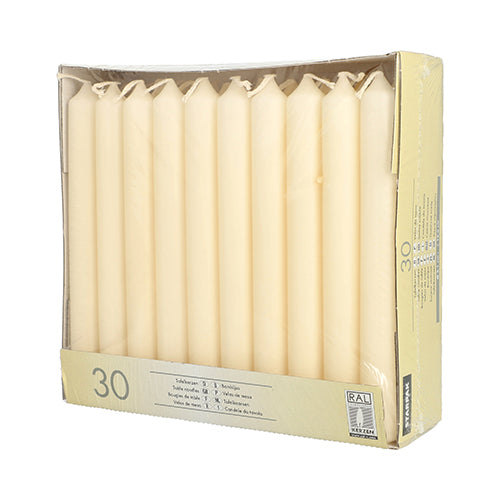 A box of 30 cream-colored Starpak table candles (Ø 2.1 cm, 19.6 cm), arranged in a row and packaged in a partially open Starpak box with a clear plastic front – ideal for an elegant table decoration.