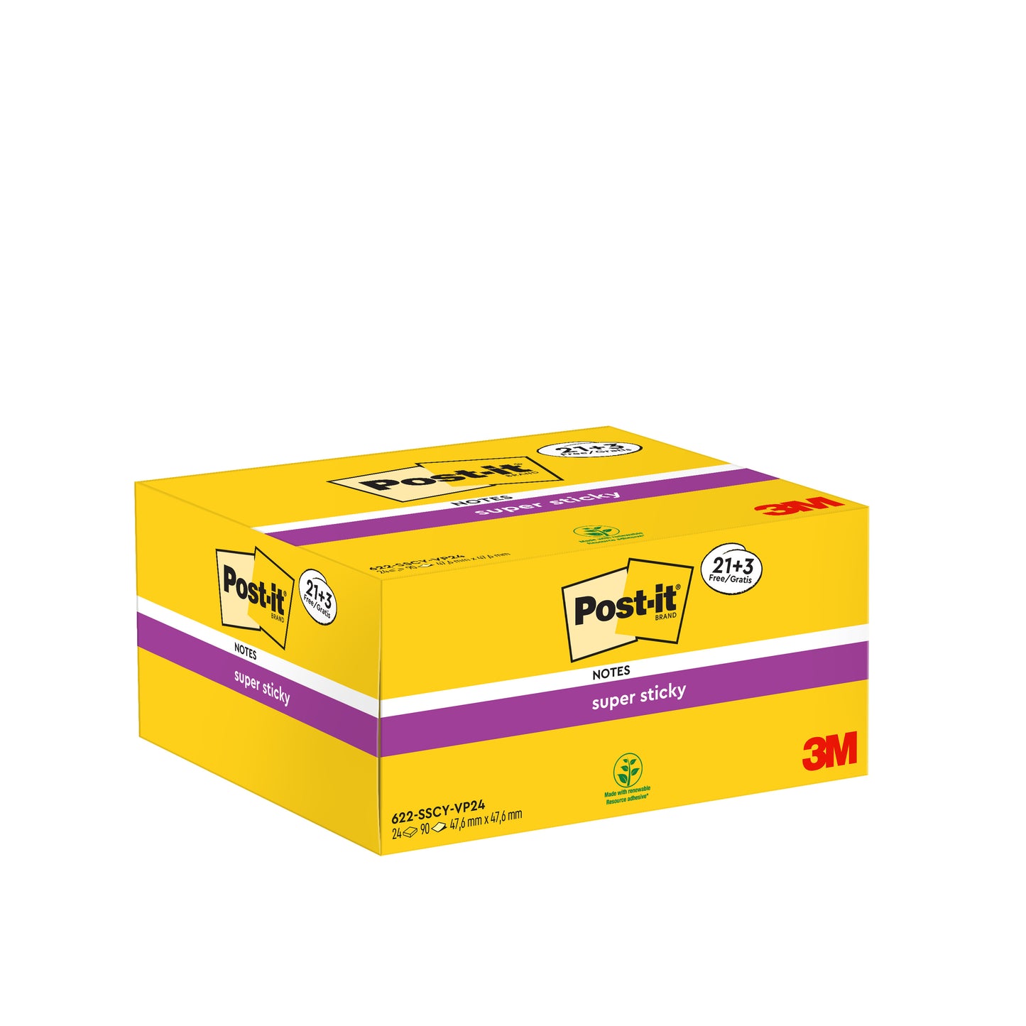 A yellow box of Post-it® Super Sticky Notes (3M Deutschland GmbH), 21 blocks plus 3 free blocks, 90 sheets each, 47.6 mm x 47.6 mm, PEFC-certified (100%), with logo and product details with purple accents on the front and back.