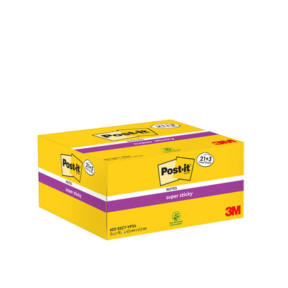 A yellow box of Post-it® Super Sticky Notes (3M Deutschland GmbH), 21 blocks plus 3 free blocks, 90 sheets each, 47.6 mm x 47.6 mm, PEFC-certified (100%), with logo and product details with purple accents on the front and back.
