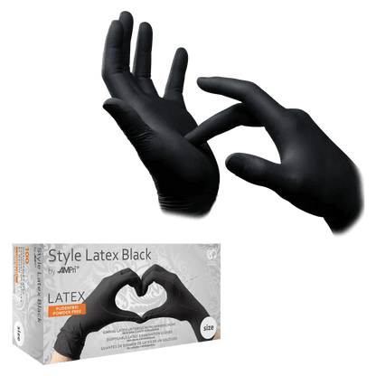 Two hands wearing STYLE LATEX BLACK, black, powder-free latex examination gloves from AMPri Handelsgesellschaft mbH. One hand pulls on the glove cuff. Below, the package shows two gloved hands in the shape of a heart.