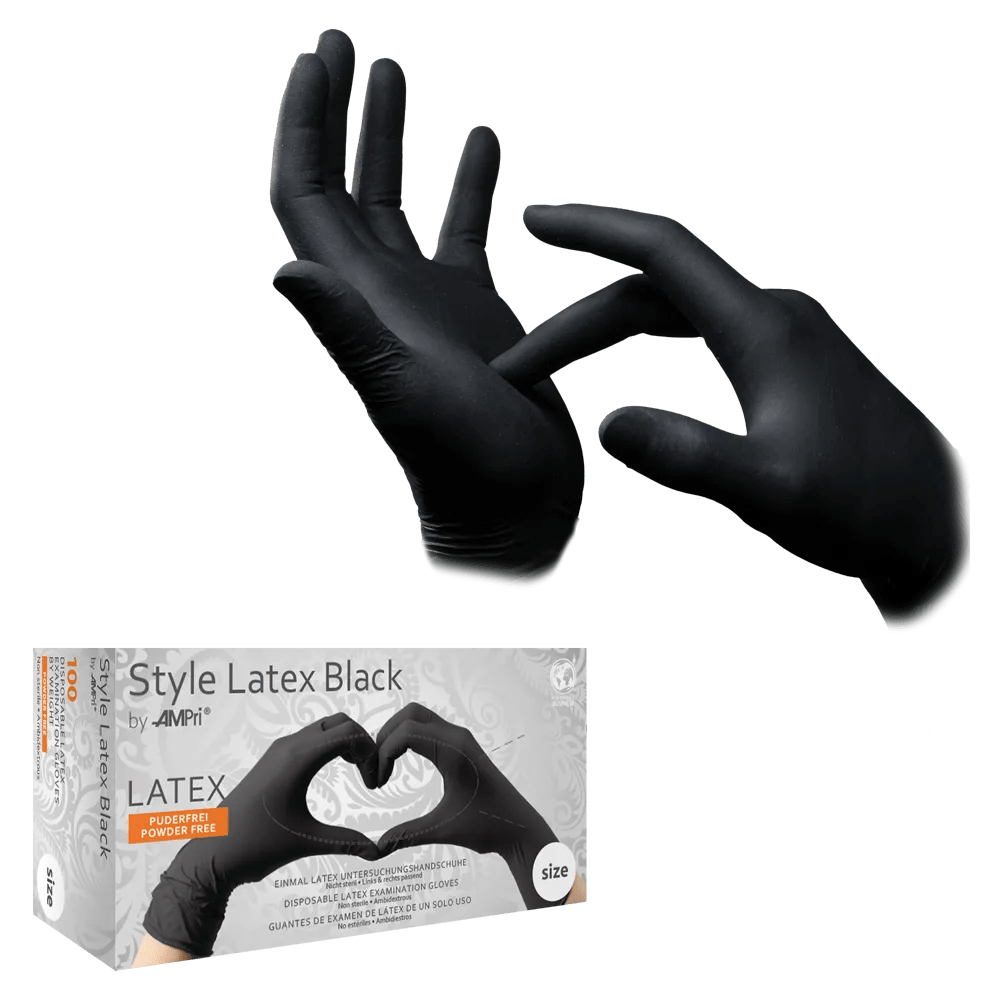 A pair of hands wears STYLE LATEX BLACK, latex examination glove, powder-free, black from AMPri Handelsgesellschaft mbH; one hand pulls on the glove while a box shows black gloved hands forming a heart to highlight the powder-free design.