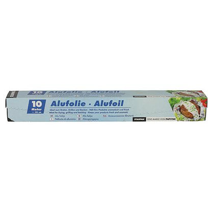 Die Starpak Alufolie in Faltschachtel ist eine rechteckige 10 Meter lange Aluminiumfolienschachtel mit der Aufschrift „Alufolie · Alufoil“. Sie hat ein hellblaues Design mit weißem und dunkelblauem Text, Lebensmittelbildern auf der rechten Seite und zeigt vielseitige Anwendungen.