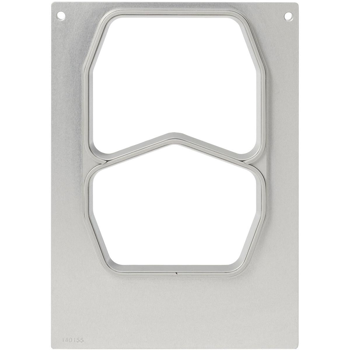 The cassette DF10/20 for PP trays (540/400 ml) from Duni GmbH is a rectangular metal template with two vertical cutouts, holes in the upper corner, and an etched number at the bottom left. Ideal for gastronomy catering. Package (1 piece).