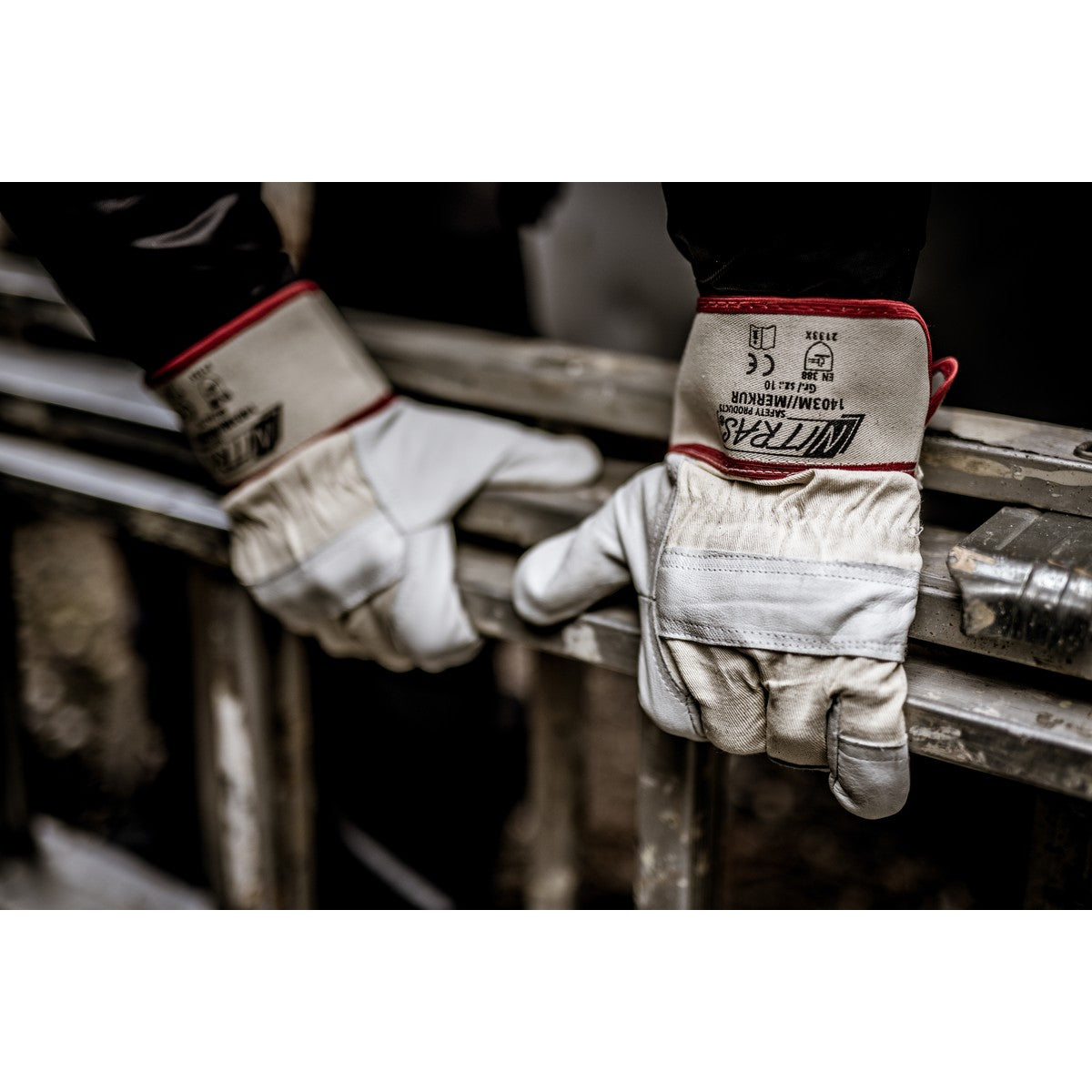 NITRAS MERKUR, full-grain cowhide gloves, natural color / gray, EN 388 cotton | Pack (12 pairs)