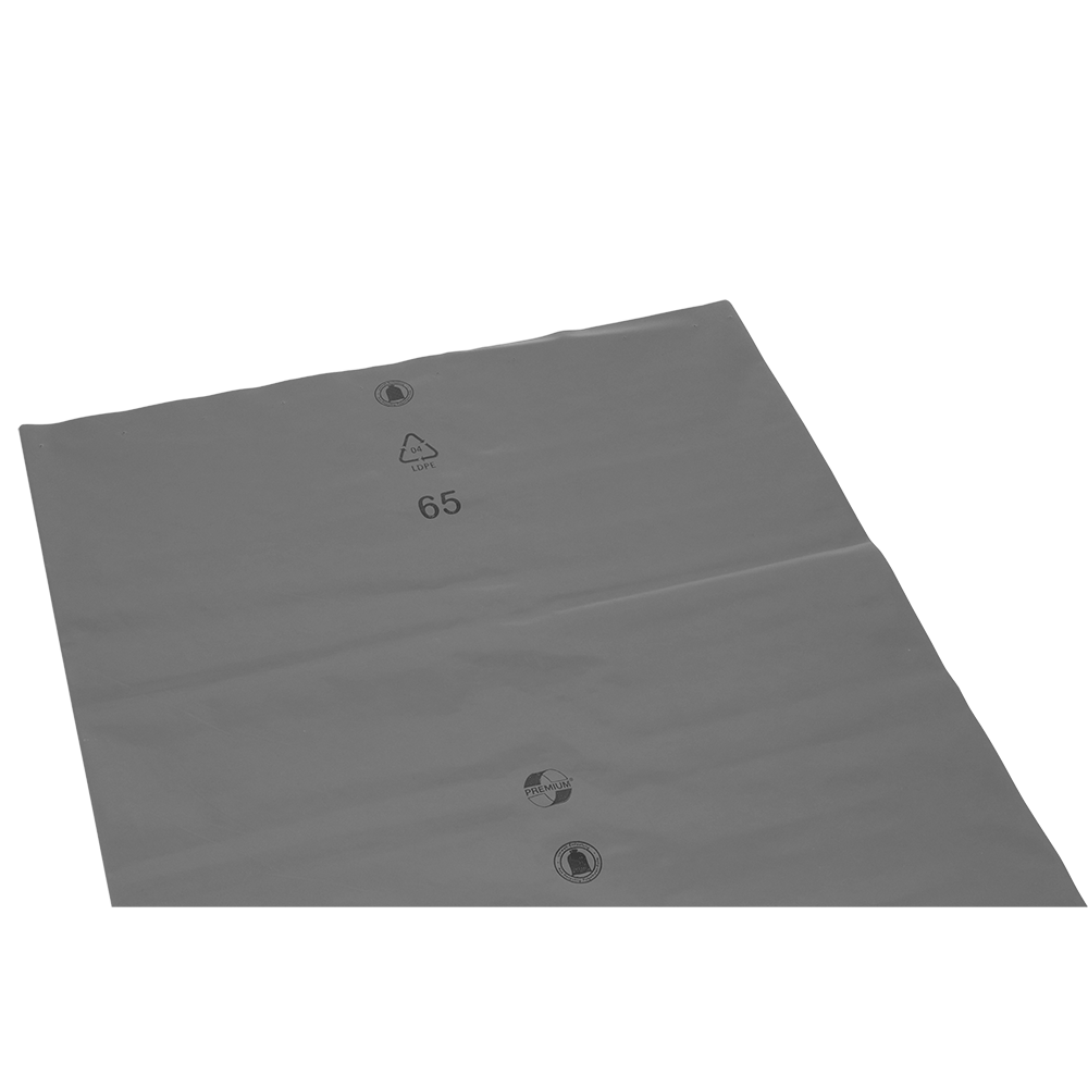 Die flache, graue Kunststoffplatte DEISS 14101 (700x1100x0,1 mm) der EMIL DEISS KG (GmbH + Co.) mit den drei Kreissymbolen und dem Recyclingcode "LDPE 4 65" in schwarzer Farbe wird üblicherweise für Verpackungen oder als schützendes Versandmaterial verwendet.