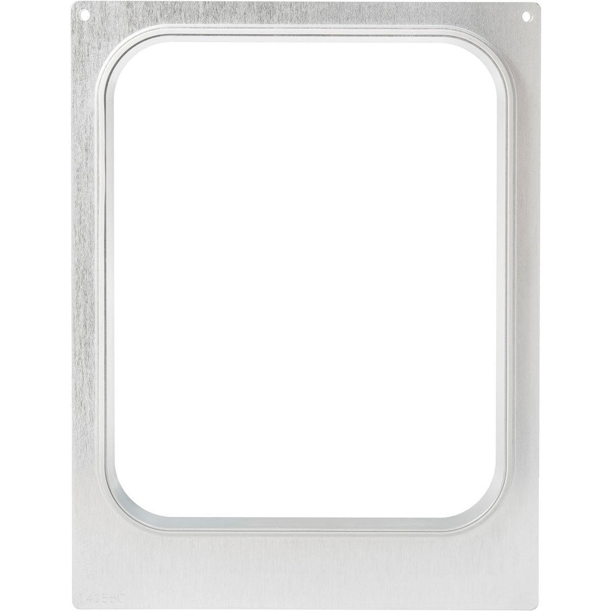The cassette for CPET trays 1/2 GN (3350-5100 ml) from Duni GmbH is a rectangular, metallic, food-safe frame with rounded corners and four screw holes, compatible with 1/2 GN CPET trays - perfect for catering businesses.
