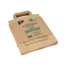 A stack of PAPSTAR paper compost bags with handles, 28x22x14 cm, brown (15 pieces), labeled with "10 l compost bags", for collecting kitchen waste, lying flat on a white background. Brand: PAPSTAR GmbH.