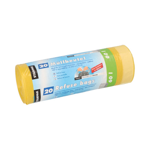 A yellow roll of Starpak 20 trash bags with drawstring (60 l, 71 x 64.5 cm, HDPE) is provided with a blue and white banderole with multilingual branding and instructions. The packaging bears the print "20 trash bags" and contains 20 pieces.
