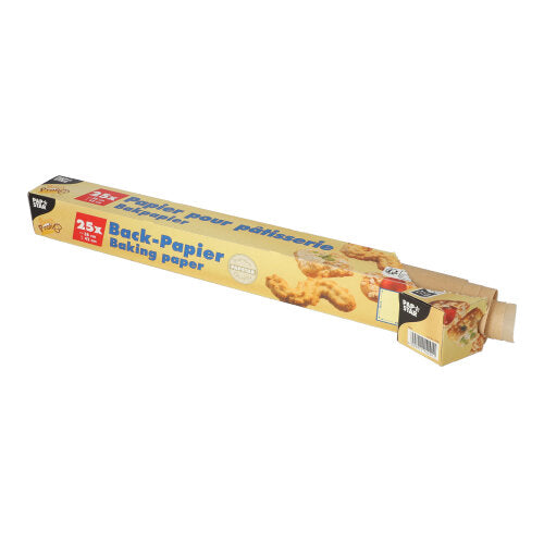 A long box of PAPSTAR baking paper sheets (38x42 cm, 25 sheets) from PAPSTAR GmbH, with images of baked goods and an open end with the brown baking trays inside. Perfect for lining baking trays; comes in a practical folding box.