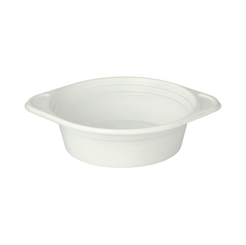 The Starpak 100 soup bowls, PP round, Ø 15.6 cm from Starpak is a white round soup bowl with two small side handles, ideal as a soup cup to go, depicted on a plain white background.