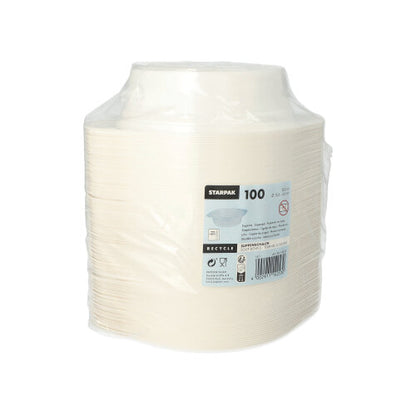 A stack of white Starpak 100 soup bowls, PP round, Ø 15.6 cm bowls in plastic packaging with recycling symbols and barcode - ideal as a soup cup to go for convenient serving.