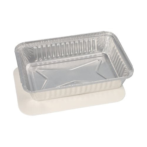 The Starpak 25 tray set consists of rectangular aluminum trays with a raised bottom pattern and flat, white PP-coated lids, ideal for catering and take-away.