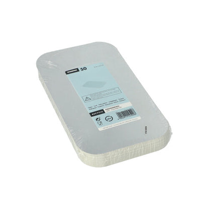 A stack of 50 Starpak PP-coated insert lids, size 21.8 x 12.3 cm, is packaged in shrink wrap and labeled with a blue and white label containing product information and a barcode.