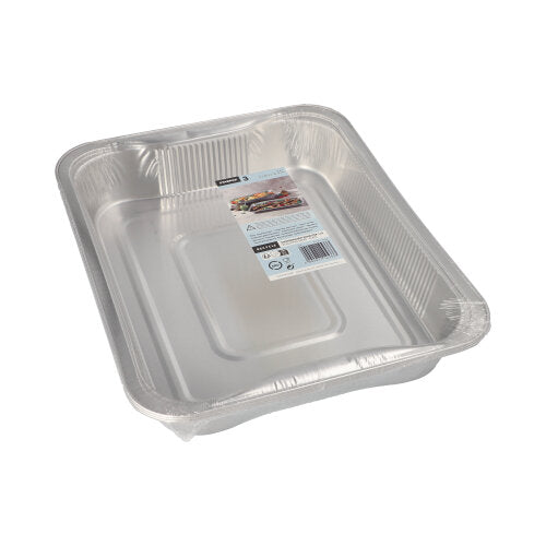 A pack of 3 rectangular Starpak Gastronorm containers made of aluminum (3.4 L, 5 x 26.2 x 32.2 cm), stacked and wrapped in shrink wrap with a top label.