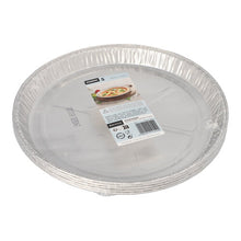 Five round Starpak aluminum baking molds (Ø 27 cm, 2.2 cm) are stacked and wrapped in shrink wrap. The top label shows the brand, product details, and a picture of a baked cake.