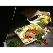 On a dark background, there are two Starpak 3 Gastronorm containers (aluminum, 5.2l, 32.5cm x 52.5cm x 3.7cm, set of 3): One contains cooked meat with fennel and lime, the other is filled with fresh vegetables - ideal for the professional kitchen.