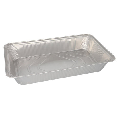 A rectangular Starpak 3 Gastronorm container, a disposable aluminum baking dish (8.5 l, 8 cm x 32.6 cm x 52.7 cm), empty with raised edges and flat bottom against a plain white background.