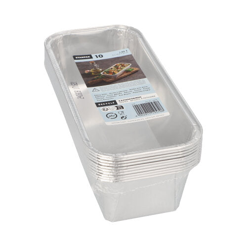 A pack of 10 rectangular Starpak loaf pans (aluminum baking pans, 1.09 l, 6 x 10.2 x 23 cm) in a clear packaging with a product label and an image of baked goods.