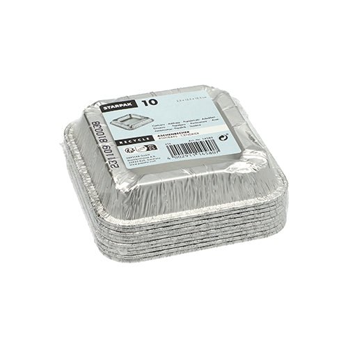 A stack of 10 Starpak aluminum ashtrays (square, 2.2x12.5x12.5 cm) is space-savingly packaged in shrink wrap with product label (brand, quantity, barcode & recycling symbol) – ideal as a practical smoking accessory.