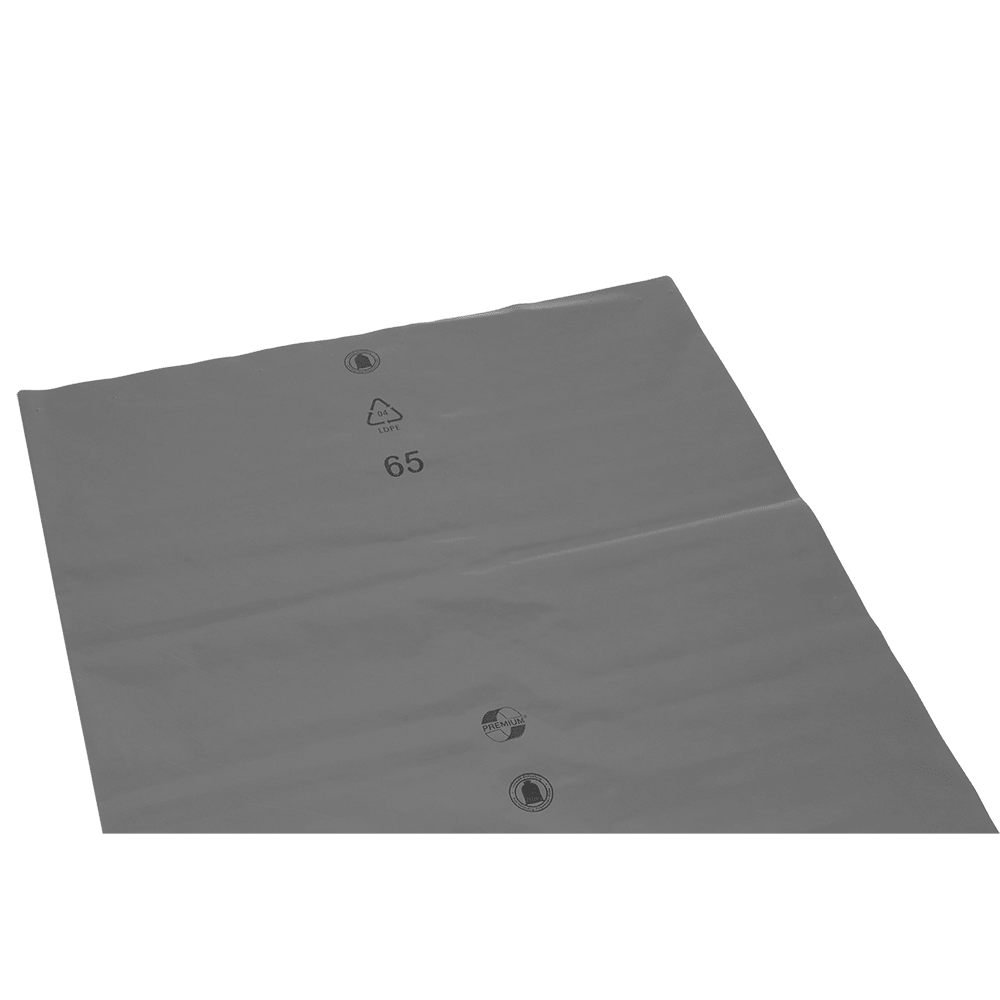 A large, flat, gray LDPE film with a recycling symbol and number 65, from EMIL DEISS KG (GmbH + Co.), part of DEISS trash bags loose 575x1000x0.01 mm from LDPE 70 l, lies on a solid white background.