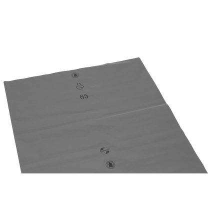 A large, flat, gray LDPE film with a recycling symbol and number 65, from EMIL DEISS KG (GmbH + Co.), part of DEISS trash bags loose 575x1000x0.01 mm from LDPE 70 l, lies on a solid white background.