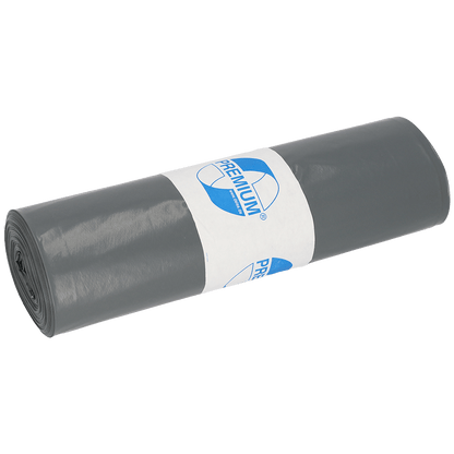Pictured is a roll of DEISS garbage bags 575x1000x0.05 mm made from recycled LDPE 70 l by EMIL DEISS KG (GmbH + Co.), wrapped with a white label with a blue "PREMIUM" logo, against a white background.