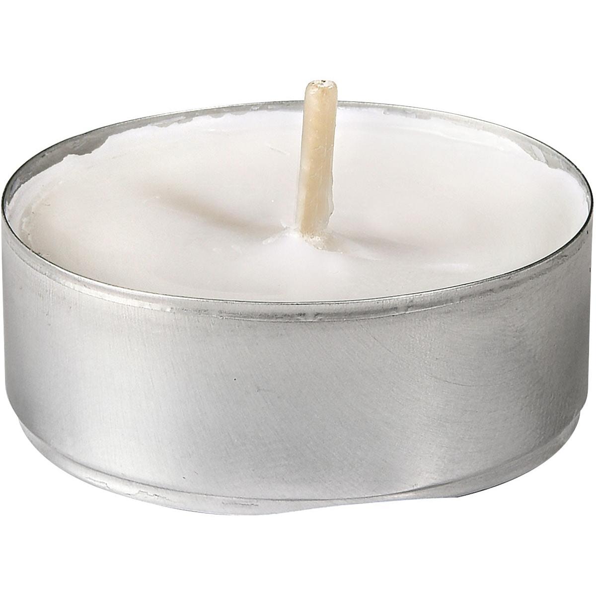 The Duni GmbH tealights Ø39 mm, white, come in a box of 200. Each candle has a single wick in a round silver holder, smooth wax, and burns for 4 hours - ideal for bulk use with 200 pieces per pack.