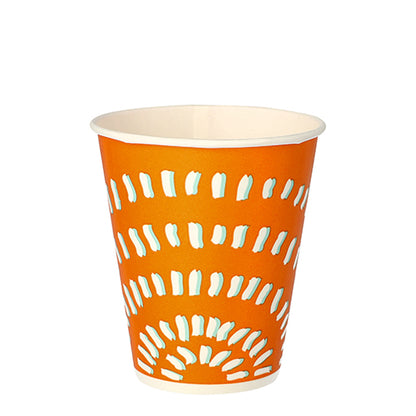 The Starpak 100 drinking cup for cold drinks has an orange design with white and light blue strokes, a white interior, and holds 100 ml - ideal as a disposable cold drink cup.
