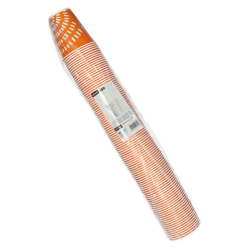 A pack of 100 Starpak disposable paper cups (drinking cups for cold drinks), each 100 ml, orange-white striped, packaged in transparent plastic with a product information label in the center.
