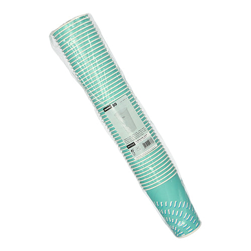 A stack of Starpak 50 turquoise cardboard drinking cups (0.4 l, Ø 8.97 cm, 13.5 cm) for cold beverages with white stripes is wrapped in foil with a white label including product information and a barcode.