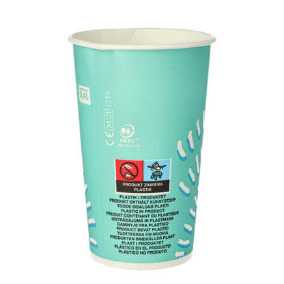 The Starpak 50 drinking cups for cold beverages (0.4 l, Ø 8.97 cm, 13.5 cm) in turquoise are sturdy cardboard cups with white decorative markings and multilingual warnings – plastic content and no-littering symbols – for safety and comfort.