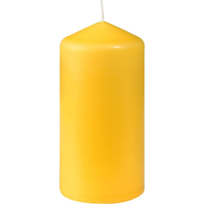 A yellow Duni GmbH pillar candle (100 x 50 mm, approx. 20h) with a smooth surface and white wick stands upright against a plain white background, known for its long burning time.