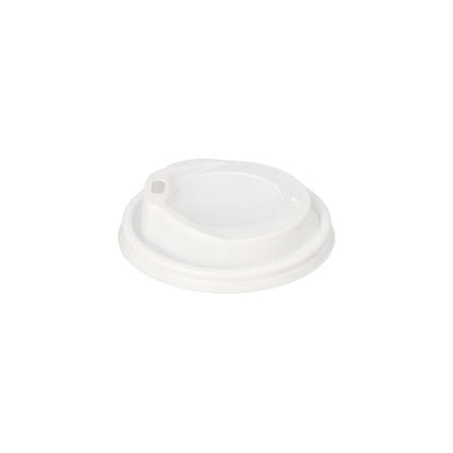 The Starpak 100 dome lid, PS "To Go" round is a white plastic coffee cup lid from Starpak with a small drinking opening, ideal for hot drinks on the go and depicted on a plain white background.