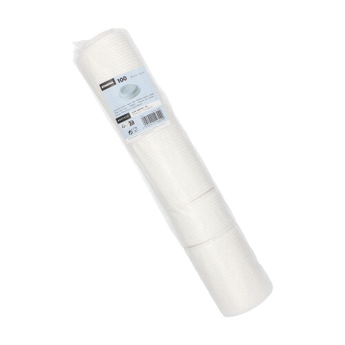 A sealed plastic package with 100 white Starpak "To Go" dome lids (PS, round), shown at an angle with visible product label - ideal for hot drinks on the go. Brand: Starpak.