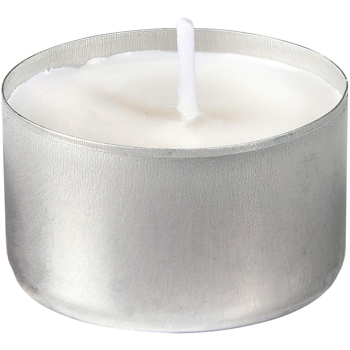 A white tealight candle (Ø39 mm) from Duni GmbH in a round silver holder, unlit and on a white background. This 300-piece Big Pack offers 300 candles, each with up to 6 hours of burn time - ideal for events.