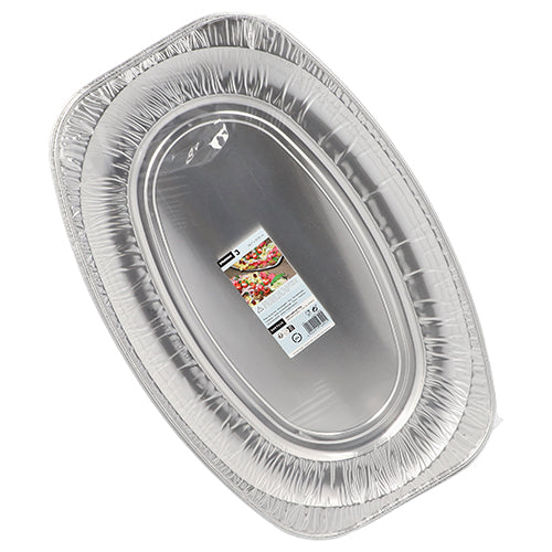 The Starpak 3 serving plates, aluminum from Starpak, are oval aluminum trays with a clear central label featuring product information and a food image. The clean, empty tray is ideal for an elegant presentation on any occasion.
