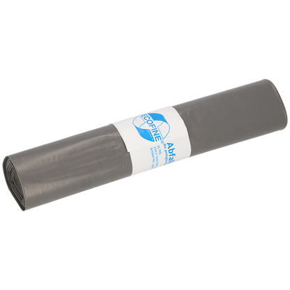 A rolled bundle of DEISS ECOFINE® waste bags 13900 made of recycled LDPE/LLDPE, 120 liters from EMIL DEISS KG (GmbH + Co.), with a white label with blue text - ideal for environmentally friendly waste disposal.
