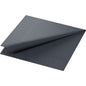 A cell tissue napkin from Duni GmbH, 33x33 cm, 3-ply, black, is neatly folded in a 1/4 fold and has a subtle geometric embossing pattern on the edge; delivered in a pack of 250 napkins.