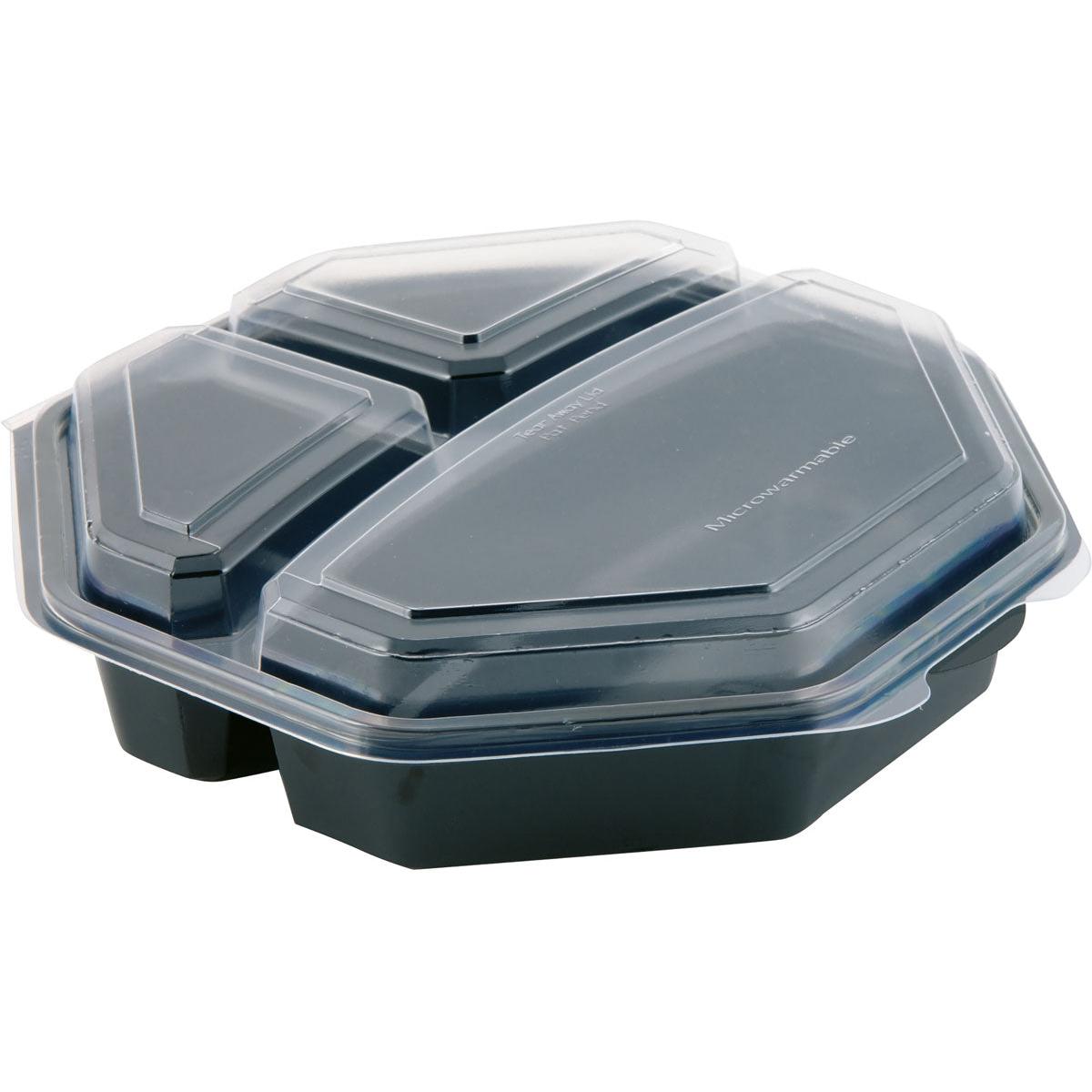 Abgebildet ist eine geschlossene Octaview® 3 Lebensmittelschale der Duni GmbH in schwarz mit klarem Deckel (230x230x60 mm, 3 Fächer) auf weißem Hintergrund.